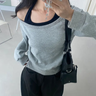 Color Added  Layered Waffle Button Slit Sweatshirt Halter Peach Sleeveless Set