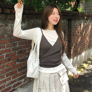 V-Neck Wrap Sleeveless Color Block Set