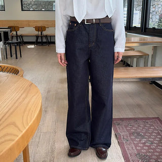 Matte Non-Fade Stitch Wide Straight High-Waist Raw Denim Dark Blue Pants