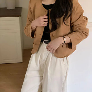 Collarless Crop Suede Autumn Jacket