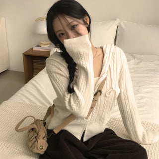 Comfortable Loose Fit Cable Knit Sleeveless + Oversized Knit Zip-up Hoodie Layered Two-Piece Set