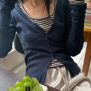 Fibret Button Lace Layered Ribbed Cardigan T-shirt