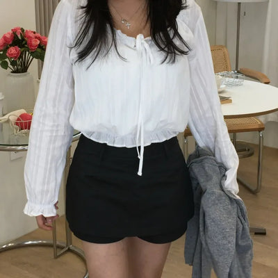 Wear Button Ribbon Shirring Blouse