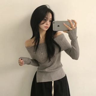 Ribbed Off-Shoulder Slit Slim Fit Long Sleeve Knit