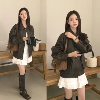 The Classic Leather Jacket, Leather Collar Pocket Loose Fit Blouson Leather Jacket Jumper