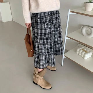 Check Elastic Skirt Midi Long Skirt Knee-length Vintage Tiered Frill Peach Cotton Autumn Winter Midi Skirt