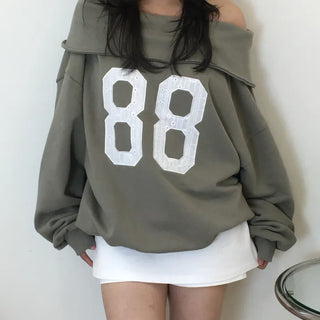 *MD Collection* 88 Lace Punching Detail Asymmetrical Off-Shoulder Sweatshirt