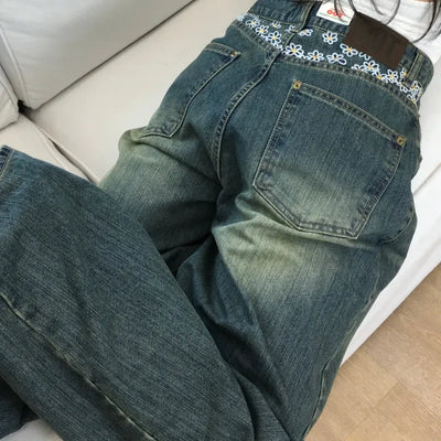 Backflower Daisy Vintage Washed Wide Denim Pants