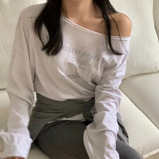 Phoenix Lettering Print Asymmetrical Off-Shoulder Loose Fit Long Sleeve Sweatshirt