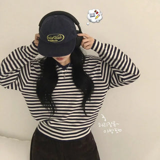 Delicate~ Basic Cotton V-Neck Striped Loose Fit Long Sleeve Knit