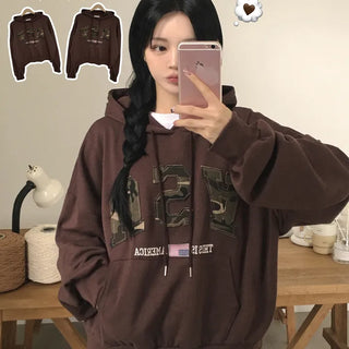 Protective Instinct Oversized Fit, Military Camo Patch Embroidery American Flag Lettering Boxy Loose Fit Hoodie