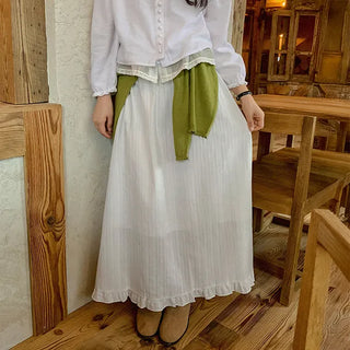 Burning Lace Frill Long Skirt Layered Elastic Maxi A-Line Cotton Skirt for Autumn Transitional Season