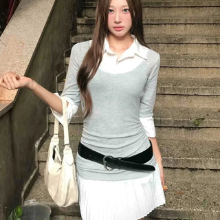 Natural Layered Shirt Collar Mini Dress