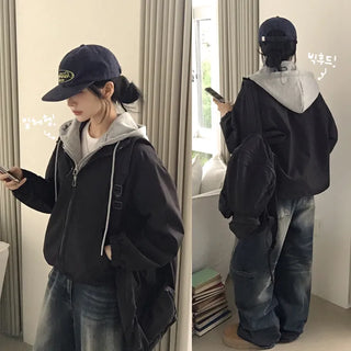 Comfortable, Hooded Zip-Up Layered Anorak with Cut-out Drawstring Loose Fit Blouson Windbreaker Jumper