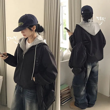 Comfortable, Hooded Zip-Up Layered Anorak with Cut-out Drawstring Loose Fit Blouson Windbreaker Jumper