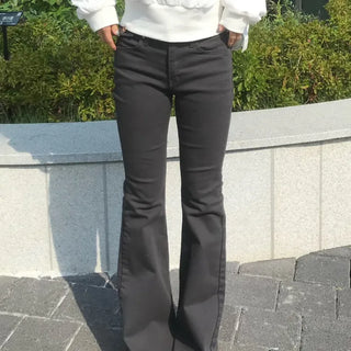 Stretch Flare Semi-Low Bootcut Cotton Pants with Mini Pocket Details