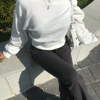 Studded Eyelet Asymmetrical Off-Shoulder Semi-Crop Sweatshirt