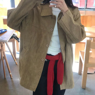 Beige Suede Half Women's Oversized Layered Collar Jacket Beige Jacket