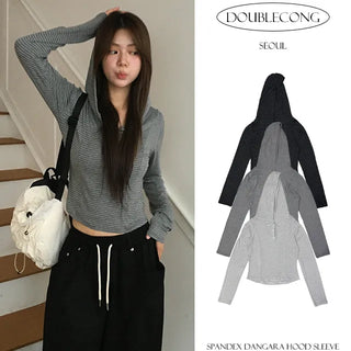 Stretch Cinched Striped Long Sleeve Hoodie