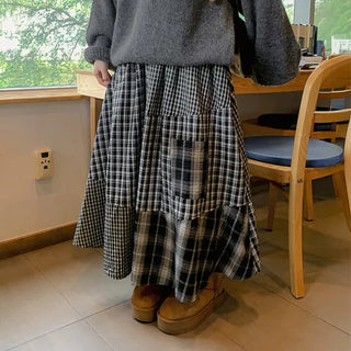 Karin Check Pocket Tiered Long Skirt Tartan Gingham Vintage A-line Flare Maxi Skirt Autumn