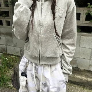 Karuko Cutie Hip Flower Check Zip-up Hoodie (2 colors)