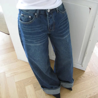 Rolled-up wide balloon denim pants