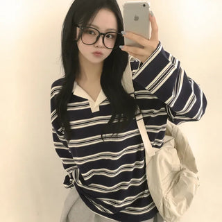 Contrast Collar Striped Boxy Oversized Rugby Long Sleeve T-shirt