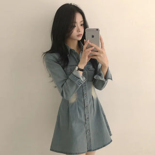 Vintage Mood, Two-Pocket Pintuck Denim Shirt Mini Dress