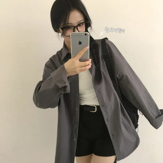 Full of Protective Instinct, Daily Basic Cotton Plain Boxy Oversized Long Sleeve Shirt