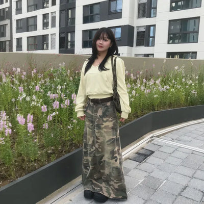 Military Camo A-Line Long Cut Maxi Skirt