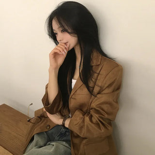 Subtle Colors, Suede Cut-out Two-Pocket Loose Fit Autumn Blazer Jacket