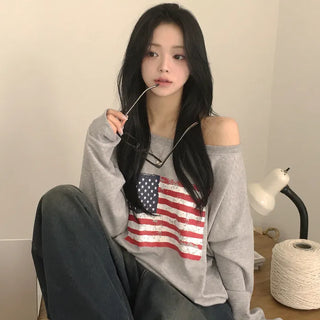 Flowing Avant-garde, One-Off Shoulder American Vintage Stars and Stripes Print Boxy Loose Fit Sweatshirt