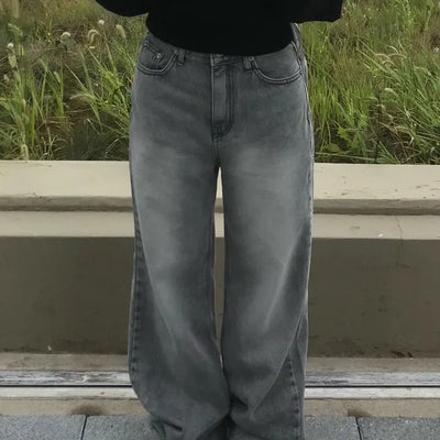Gray Washed Mid-Low Rise Semi-Wide Denim Pants