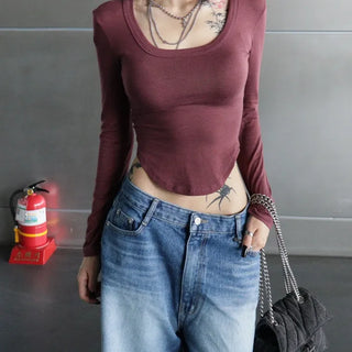 AUTUMN Deep U-Neck Rolled Long Sleeve Tee