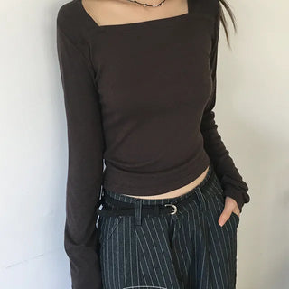 Stretchy Square Neck Slim Long Sleeve Tee