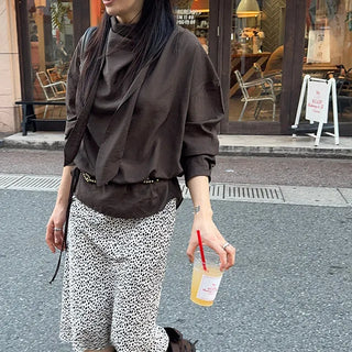 Rie Sheer Silky See-through Tie Scarf Ribbon High Neck Loose Fit Long Sleeve Blouse