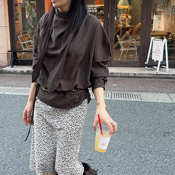 Rie Sheer Silky See-through Tie Scarf Ribbon High Neck Loose Fit Long Sleeve Blouse