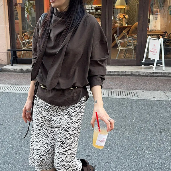 Rie Sheer Silky See-through Tie Scarf Ribbon High Neck Loose Fit Long Sleeve Blouse
