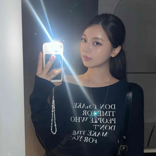 Minimal Lettering Off-Shoulder Long-Sleeve T-Shirt