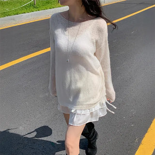 Mui Alpaca Boat Neck String Knit Shirred One-Shoulder Off-Shoulder Loose Fit Ribbon Wool Sweater
