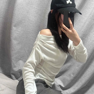 Soft Shirred One-Shoulder Long-Sleeve T-Shirt