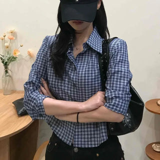 Navy Basic 3/4 Sleeve Check Collar Shirt