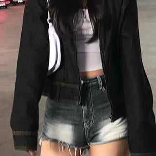 Crop Shirt Collar Raw Denim Jacket