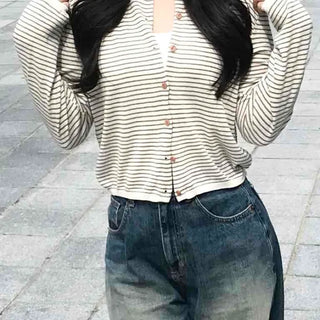 Simple Striped Round Neck Cardigan