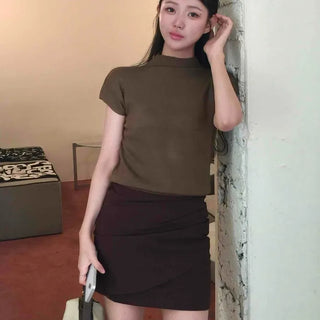 Shirred H-line patchwork mini skirt