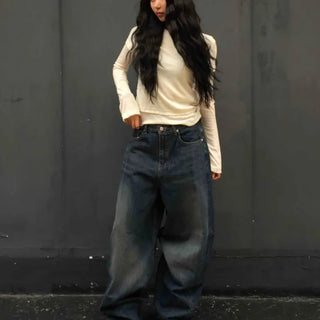Dark Blue Natural Denim Wide Long Pants