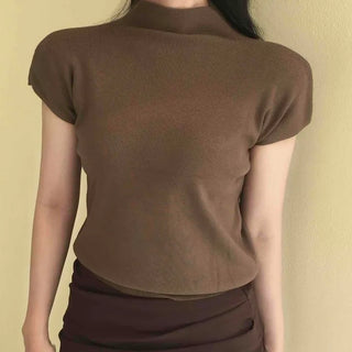 Daily Mock Neck Cap Sleeve Plain Knit