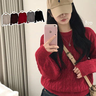 Full of Coziness, Round Cable Knit Raglan Loose Fit Long Sleeve Knit
