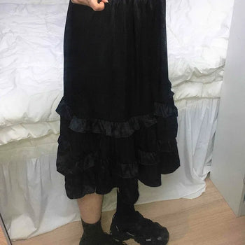Retro Hip Frill Satin Plain Midi Skirt