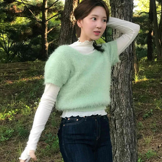 Pine Needle Feather Fur Short Sleeve Knit